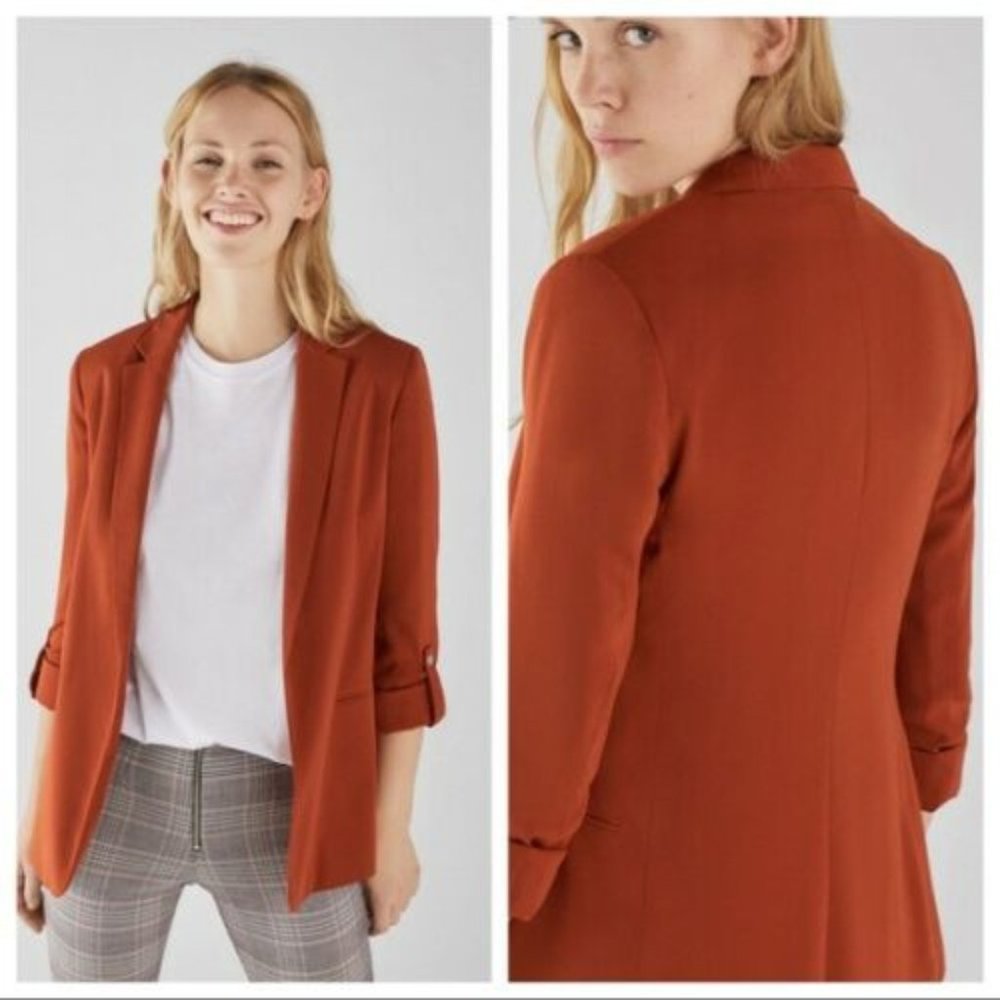 Bershka Women's Size Small Terracota Orange Rust Flowing Rolled Sleeve Blazer